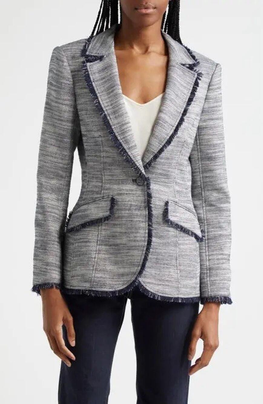 Cinq a Sept Sallie Frayed Denim Blazer Size 8 Navy Ivory Tweed EUC $495